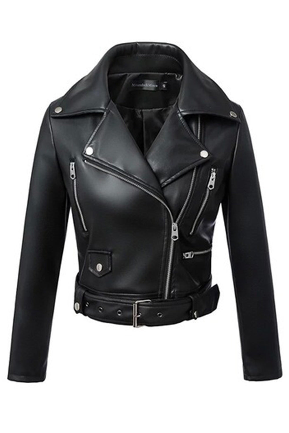 Women Elegant Solid Colored Smooth Big Collar Long Sleeve Leather Jacket