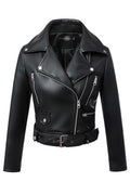 Women Elegant Solid Colored Smooth Big Collar Long Sleeve Leather Jacket