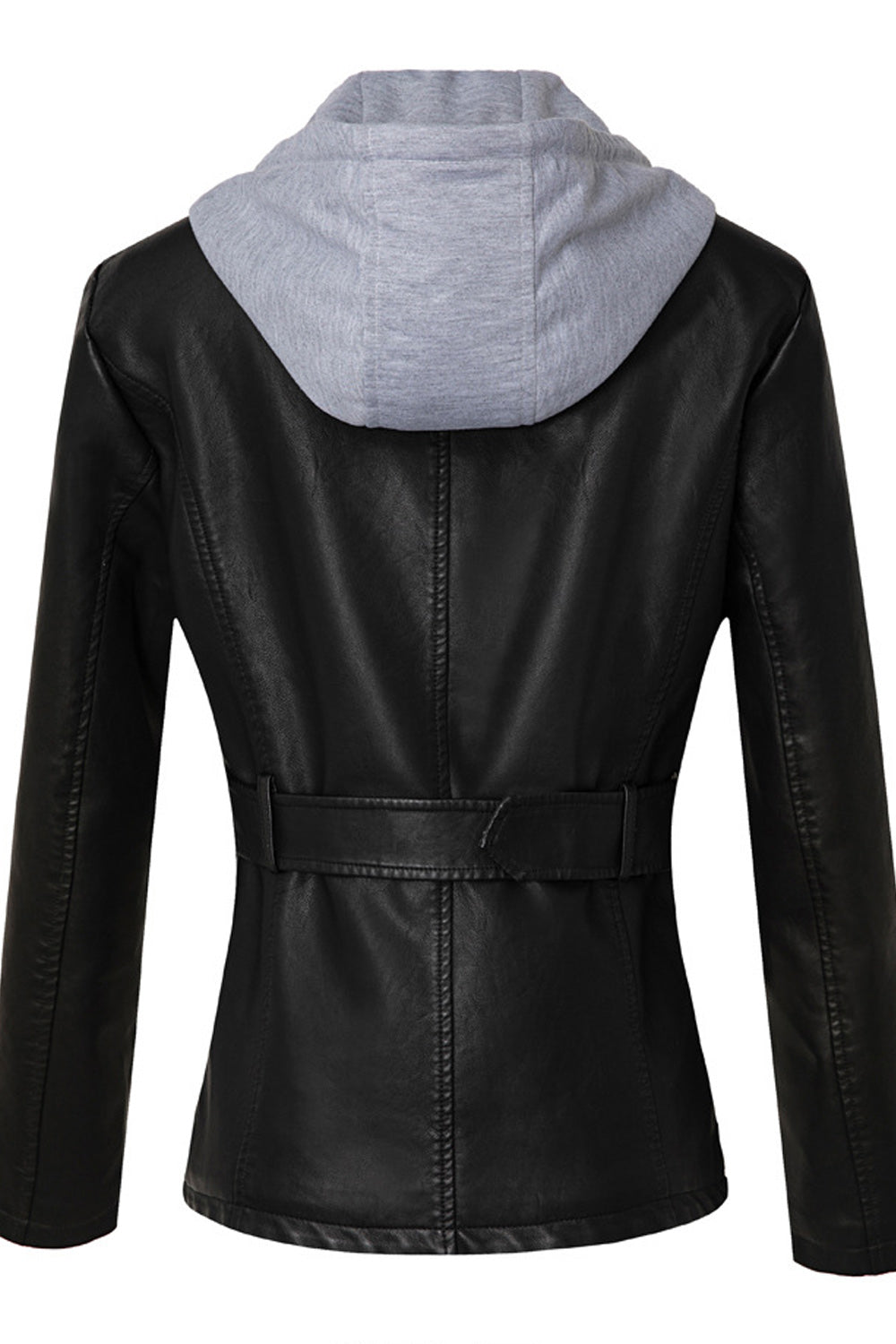 Women Slim Fit Belt Waist Hooded Neck Warm Long Sleeve Winter Leather Jacket