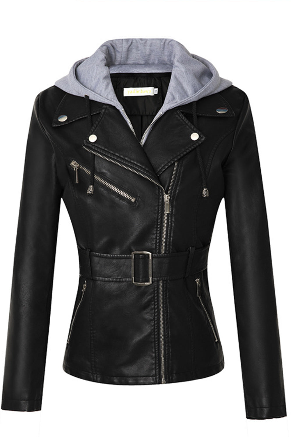 Women Slim Fit Belt Waist Hooded Neck Warm Long Sleeve Winter Leather Jacket