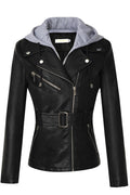 Women Slim Fit Belt Waist Hooded Neck Warm Long Sleeve Winter Leather Jacket