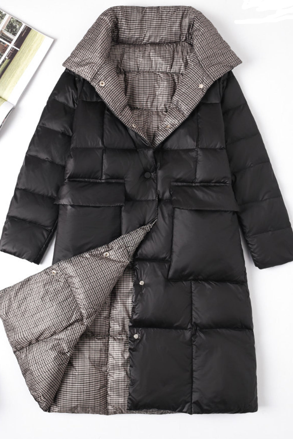 Women Long Length Snap Button Solid Pattern Thick Winter Padded Jacket