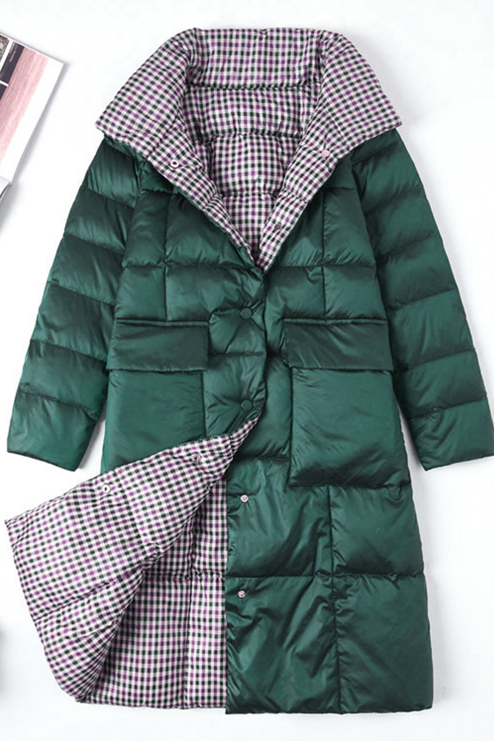 Women Long Length Snap Button Solid Pattern Thick Winter Padded Jacket