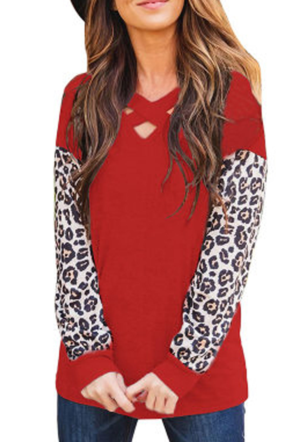 Women Elegant Solid Colored Leopard Printed Long Sleeve Sweatshirt