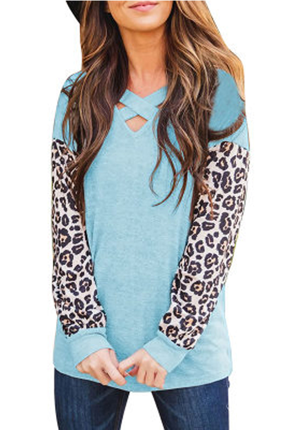Women Elegant Solid Colored Leopard Printed Long Sleeve Sweatshirt