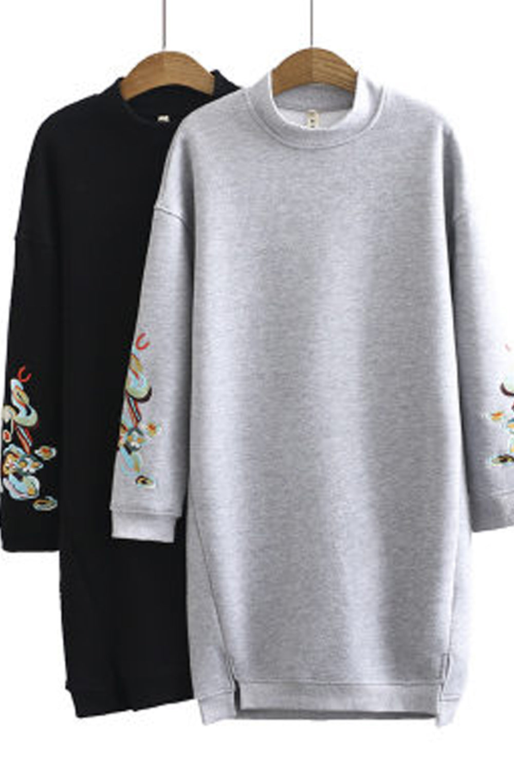 Women Embroidered Long Sleeve Ribbed Collar Neck Mid Length Sweatshirt