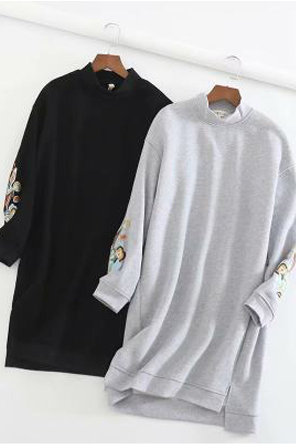 Women Embroidered Long Sleeve Ribbed Collar Neck Mid Length Sweatshirt