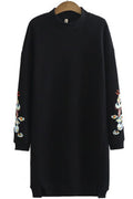 Women Embroidered Long Sleeve Ribbed Collar Neck Mid Length Sweatshirt