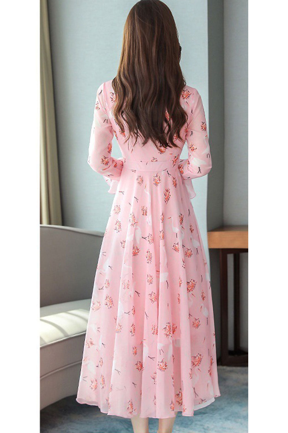 Women Classy Long Sleeve Pretty Floral Printed Thin Comfy Dress