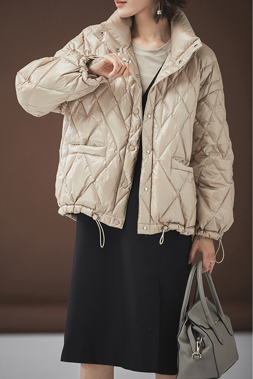 Women Snap Button Closure Pretty Solid Colored Stunning Padded Jacket