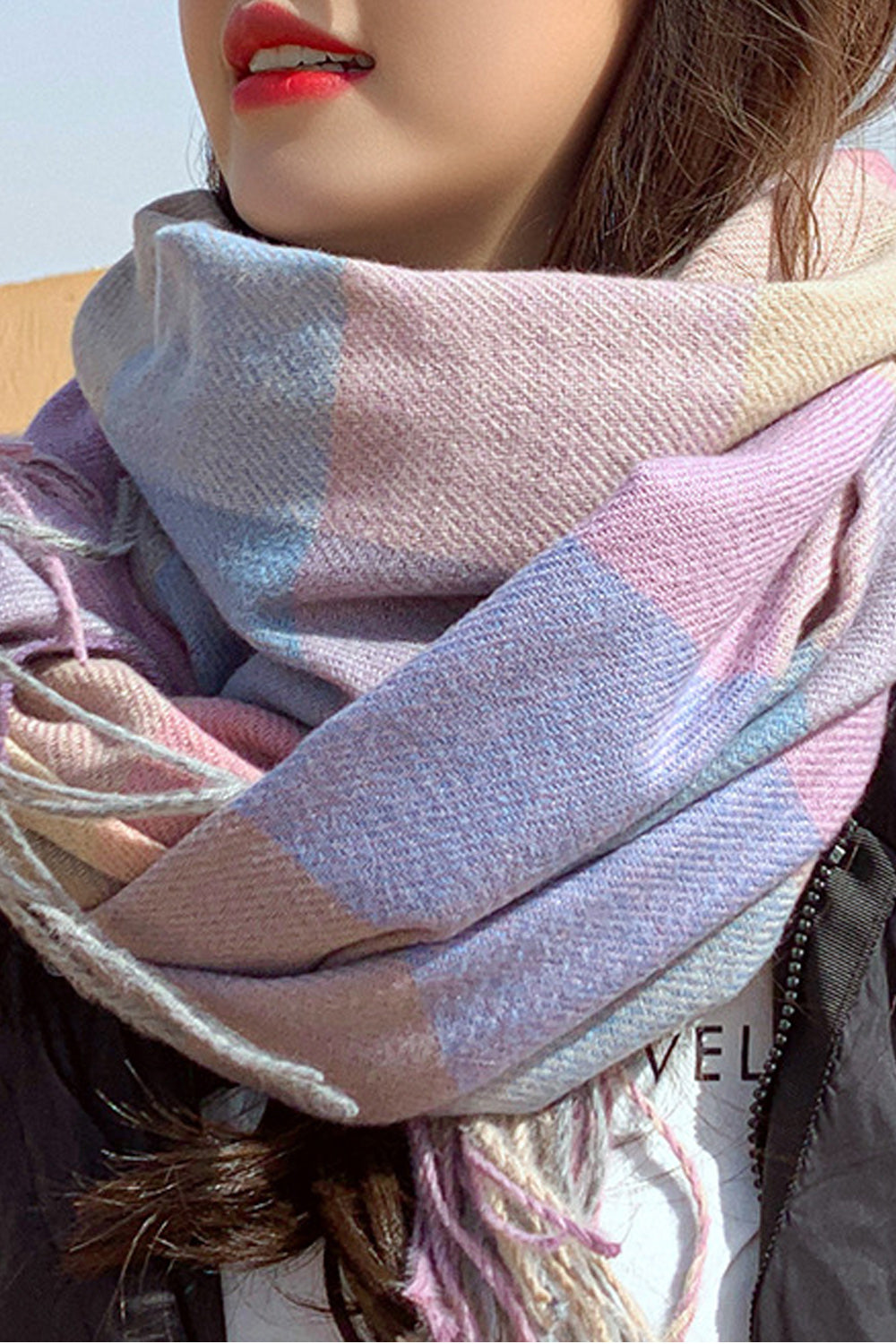 Women Cashmere Plaid Pattern Breathable Long Tassel Decorated Muffler