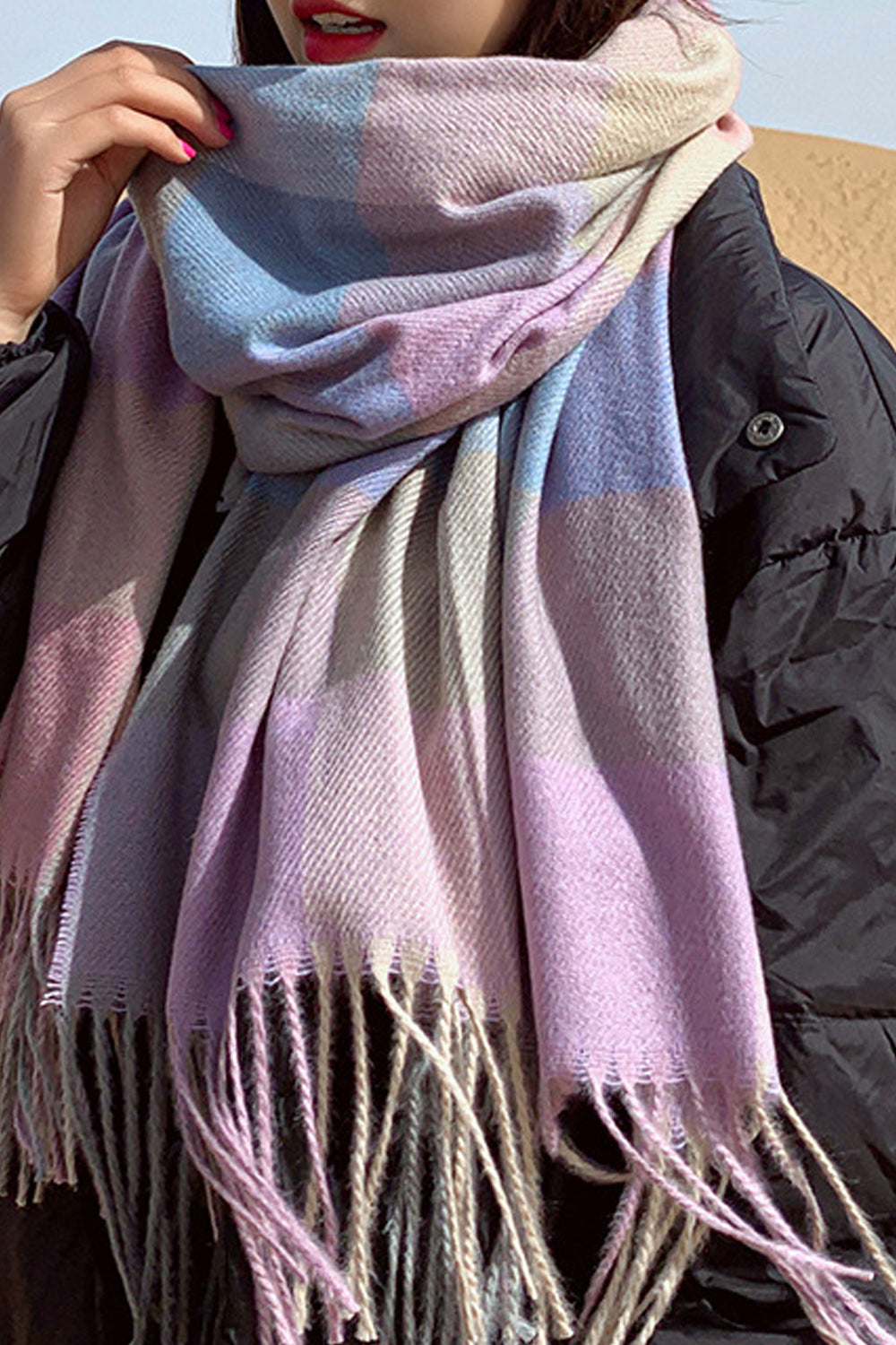 Women Cashmere Plaid Pattern Breathable Long Tassel Decorated Muffler