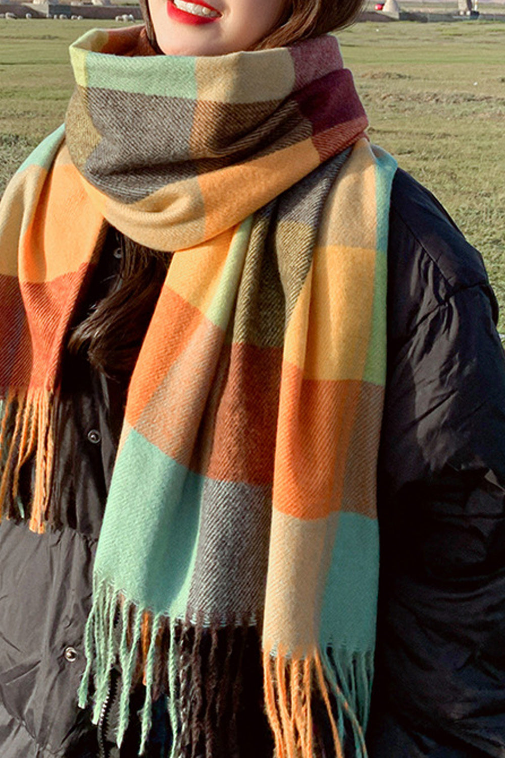 Women Cashmere Plaid Pattern Breathable Long Tassel Decorated Muffler