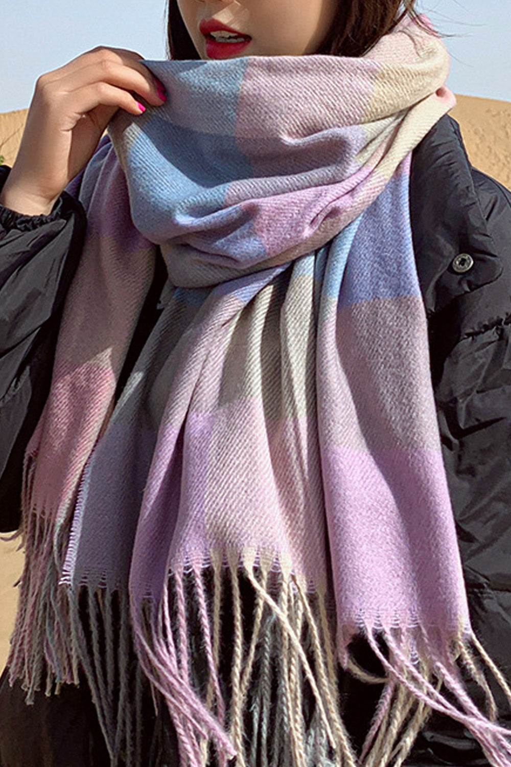Women Cashmere Plaid Pattern Breathable Long Tassel Decorated Muffler