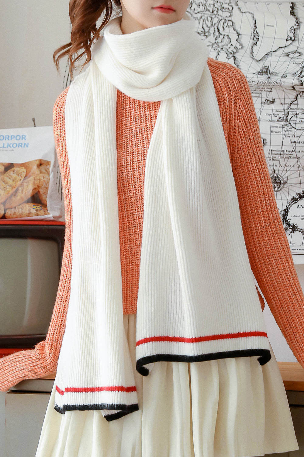 Women Soft Convenient Solid Colored Stripe Pattern Muffler