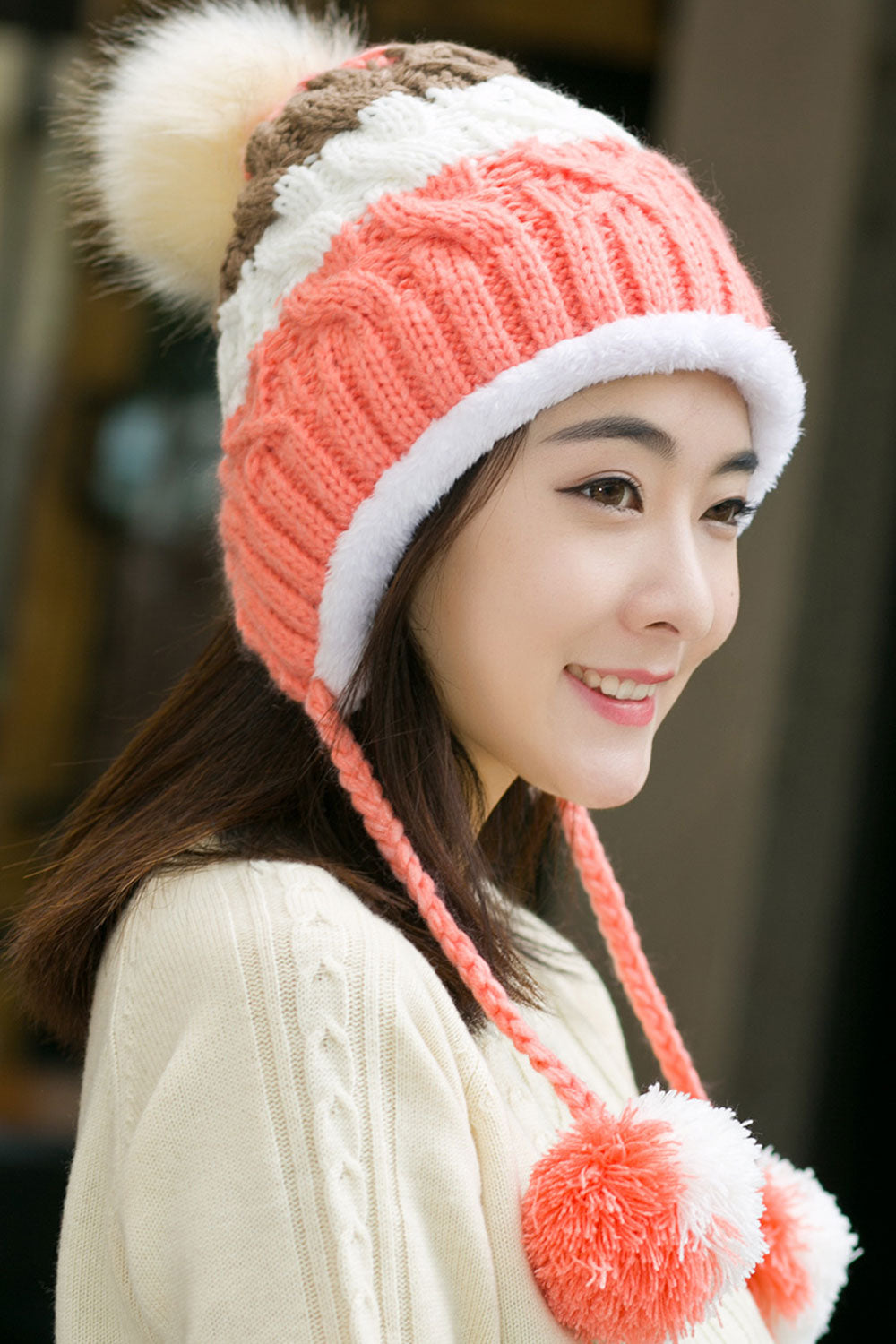 Women Cute Hairball Decoration Earmuffs Knitted Hat