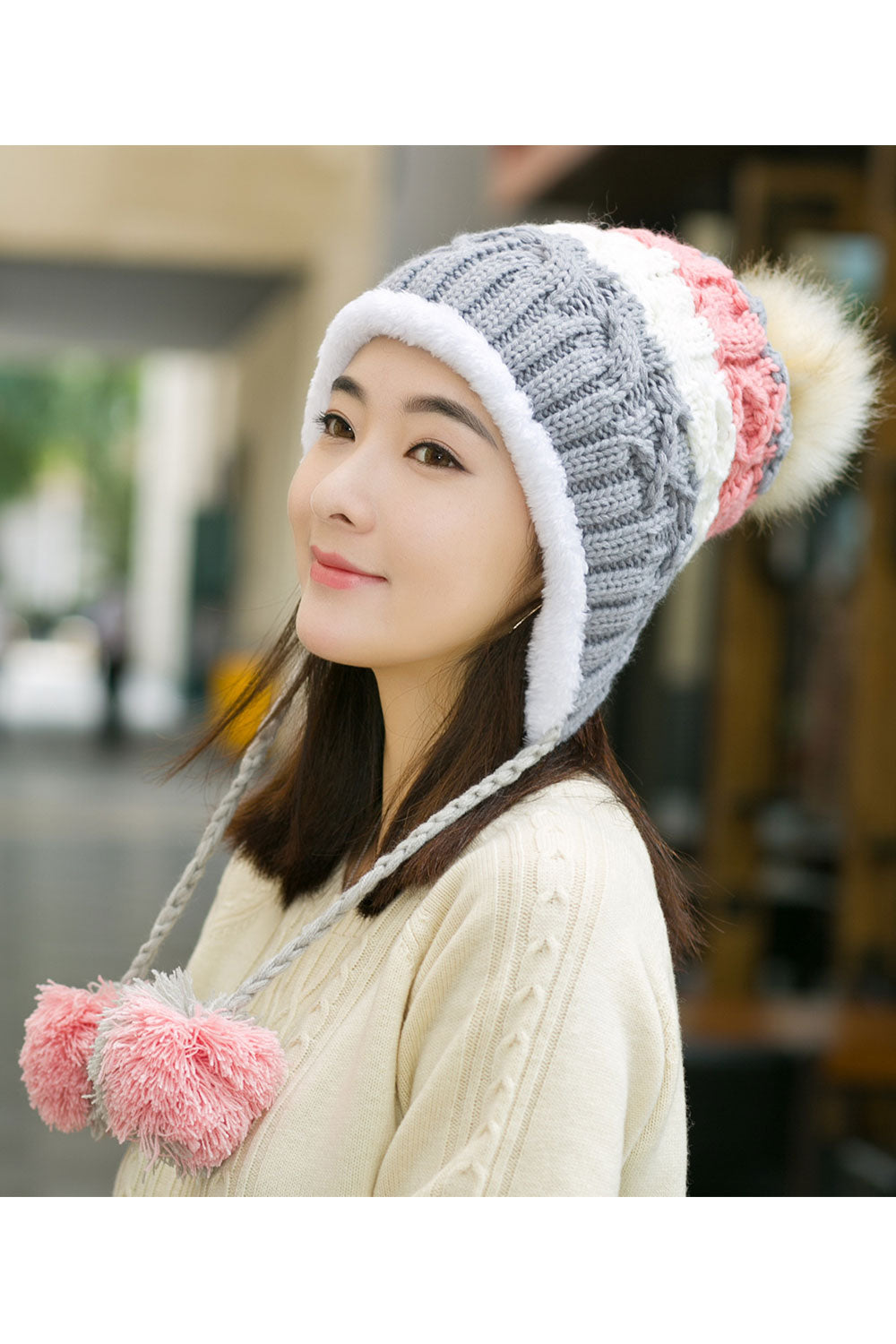 Women Cute Hairball Decoration Earmuffs Knitted Hat