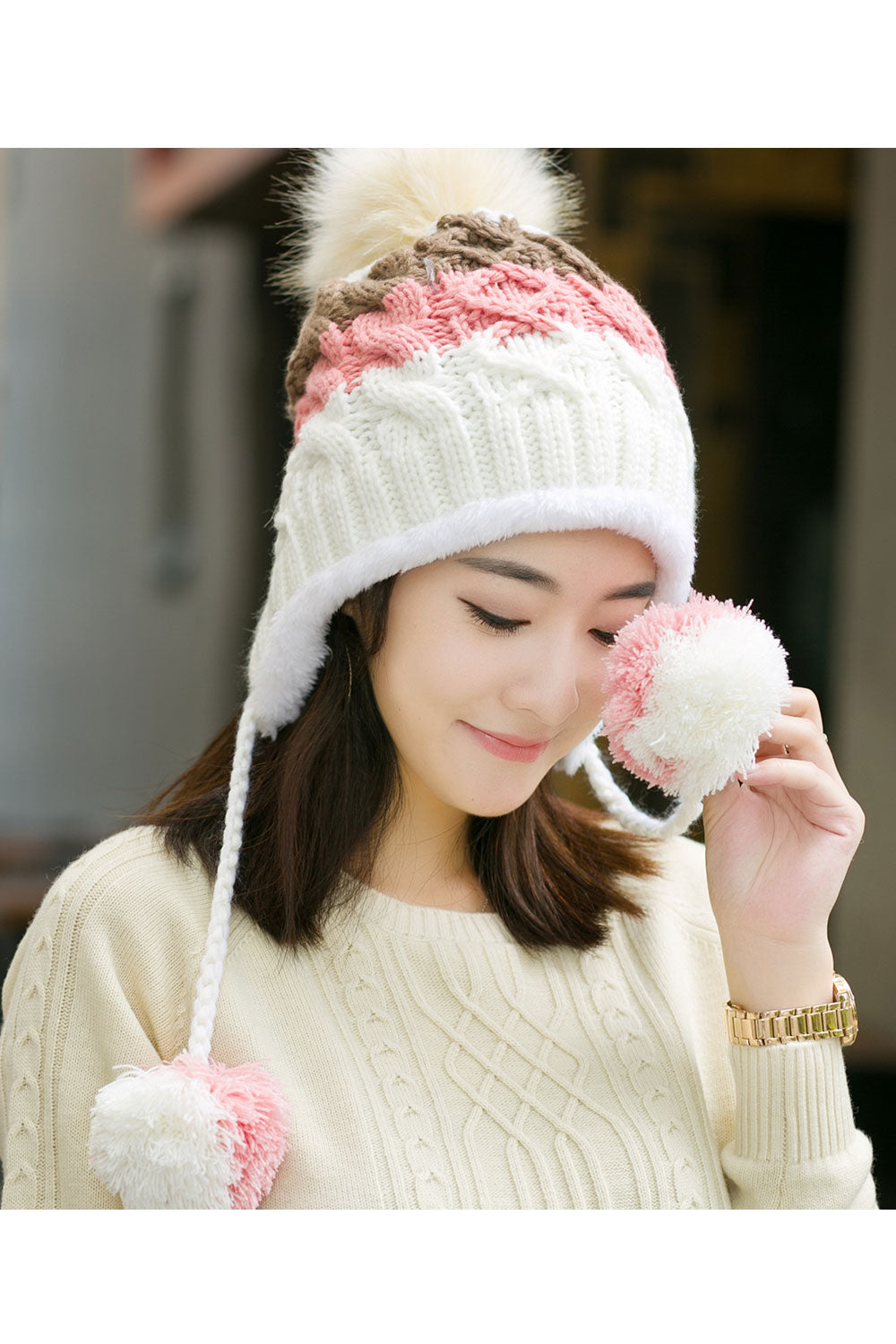 Women Cute Hairball Decoration Earmuffs Knitted Hat