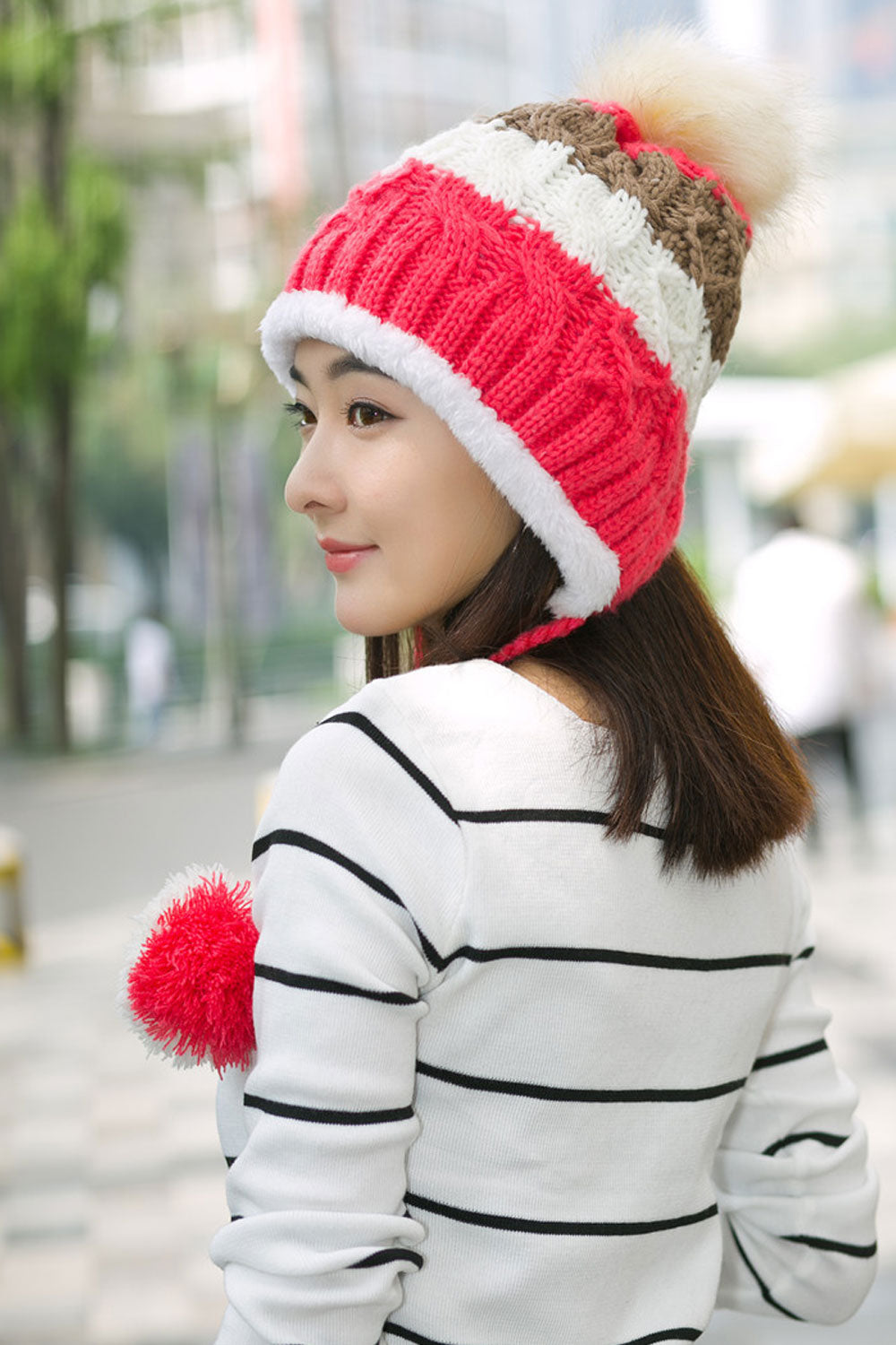 Women Cute Hairball Decoration Earmuffs Knitted Hat