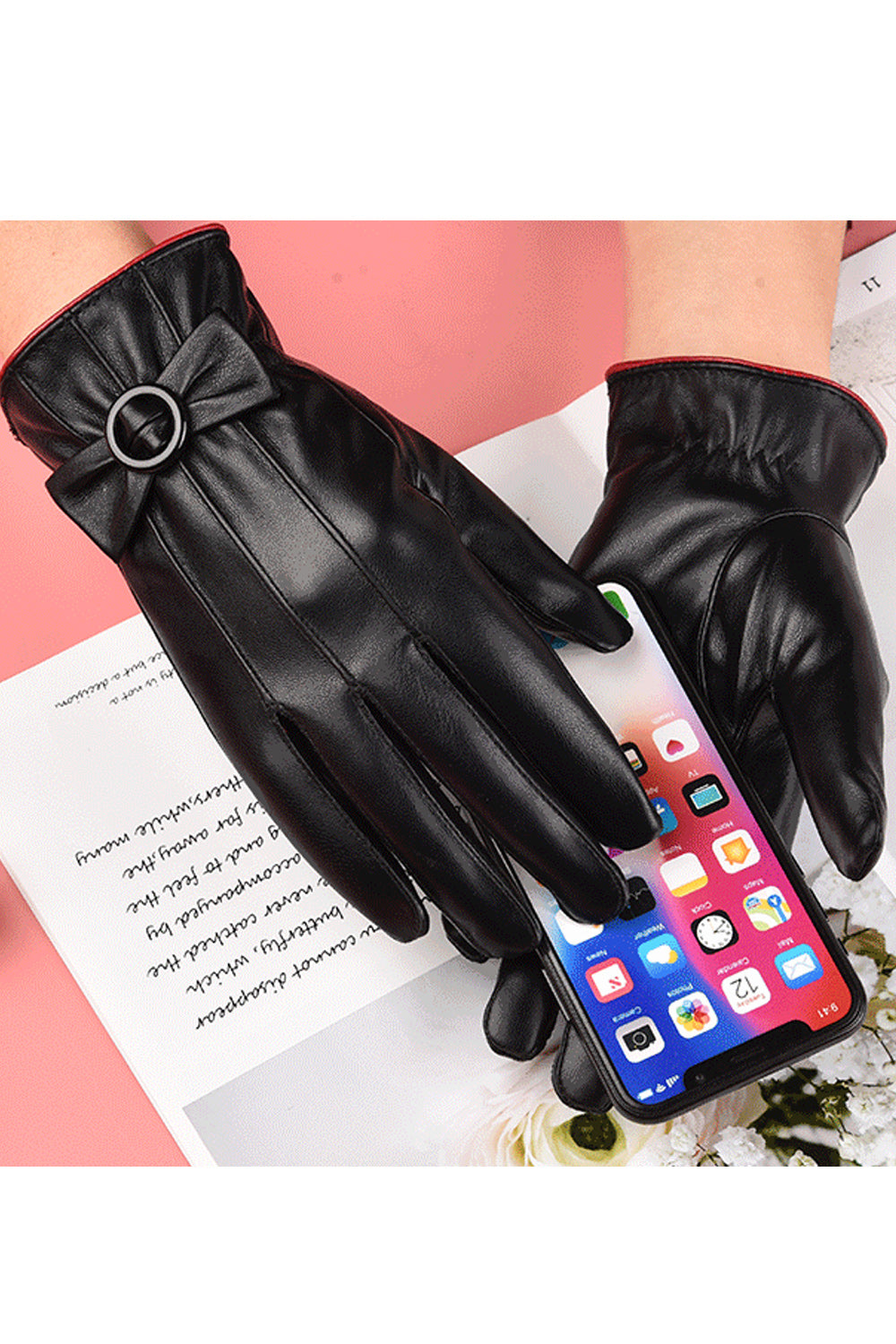 Women Cute Thick Coldproof Warm PU Gloves