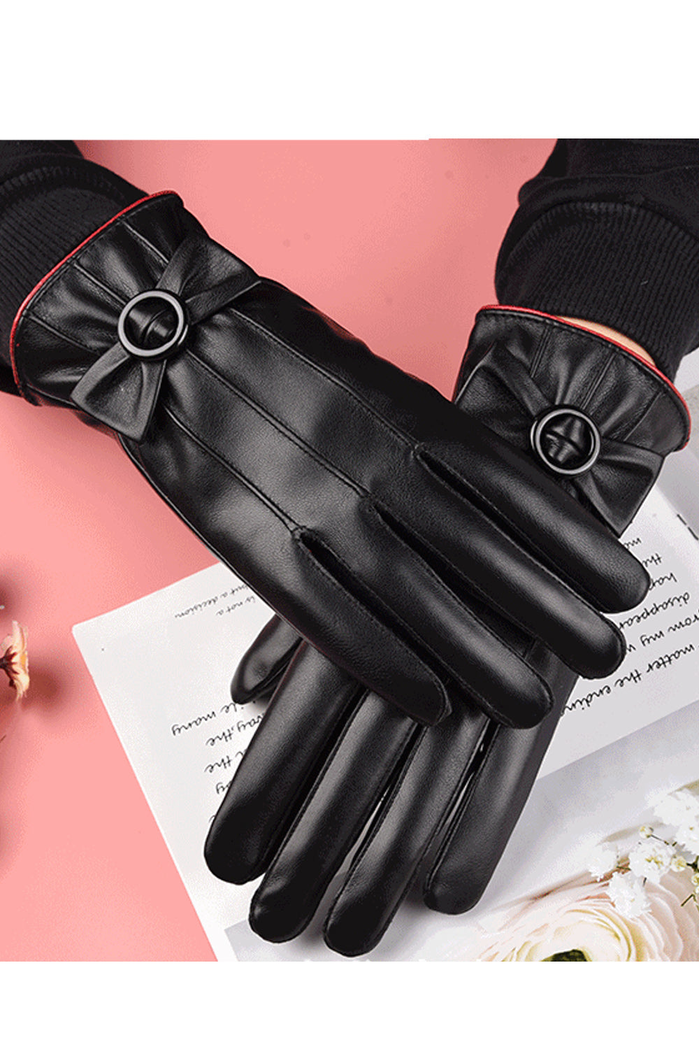Women Cute Thick Coldproof Warm PU Gloves