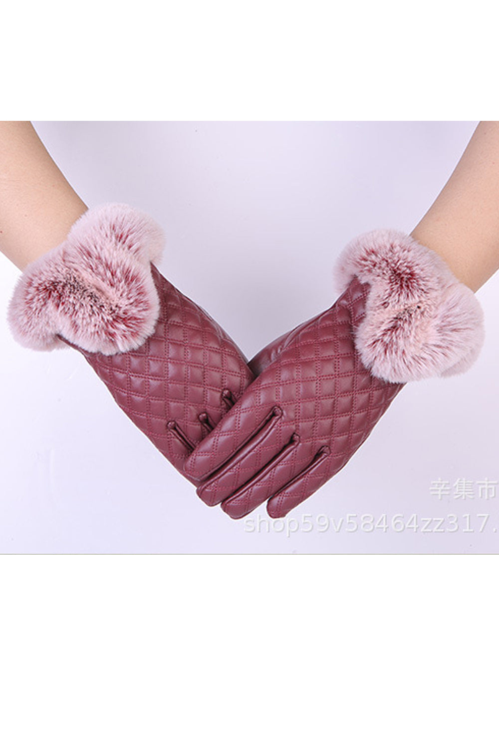 Women Warmth Feel Fleece Decorated Winter PU Gloves