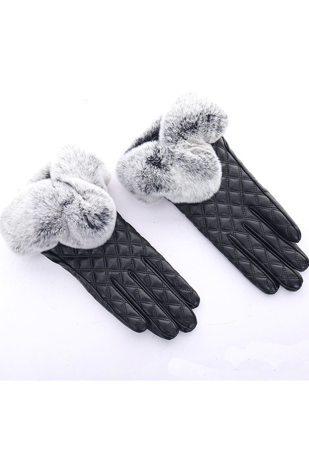 Women Warmth Feel Fleece Decorated Winter PU Gloves