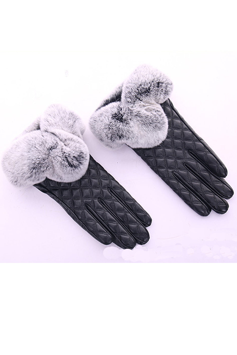 Women Warmth Feel Fleece Decorated Winter PU Gloves