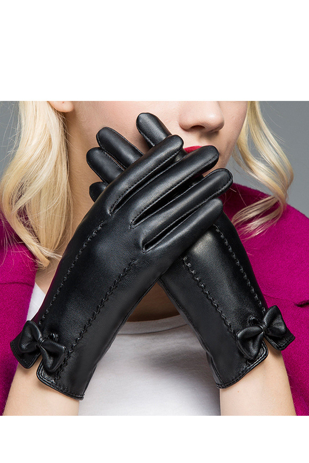 Women Bow Decorated Warm & Thick PU Gloves