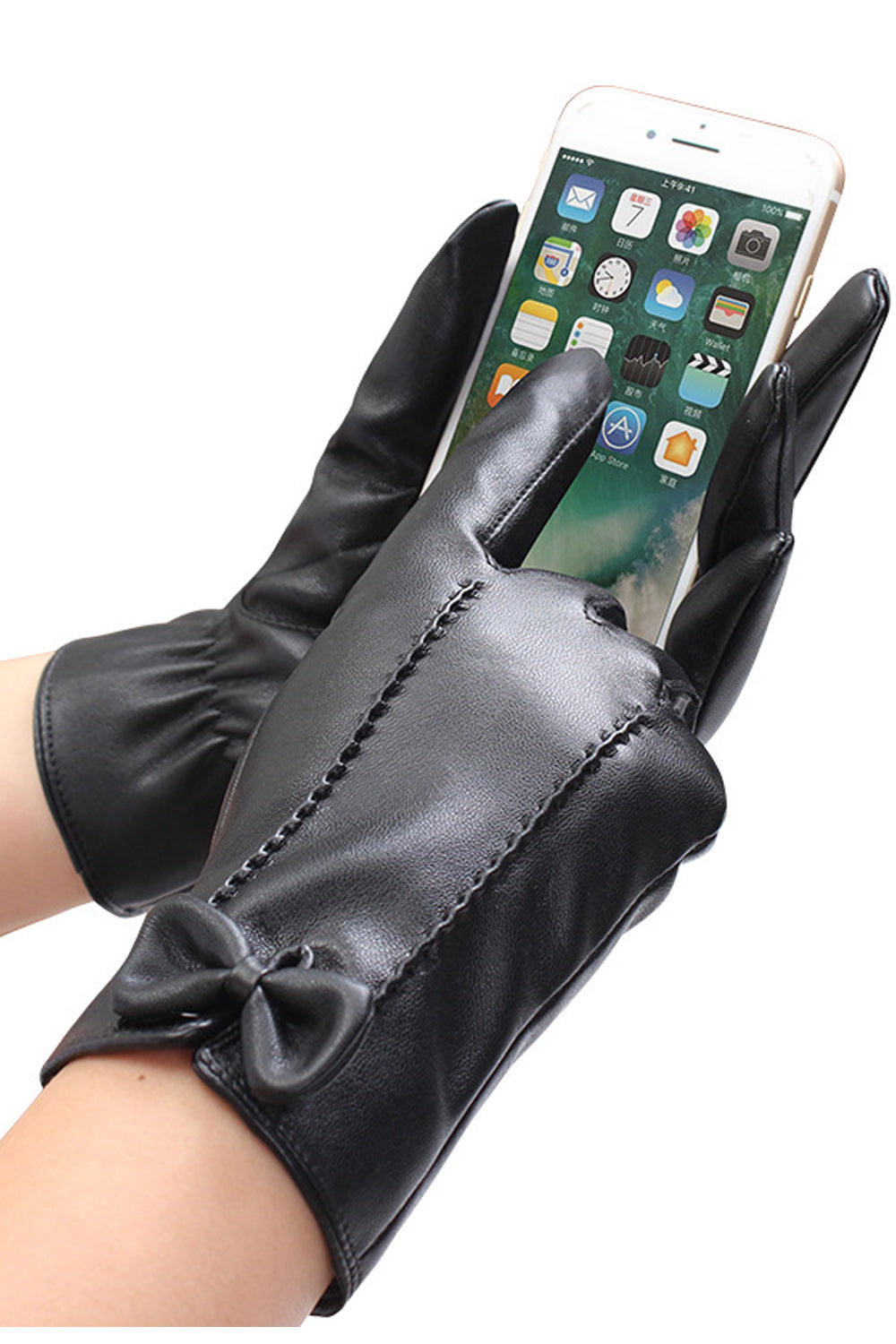 Women Bow Decorated Warm & Thick PU Gloves