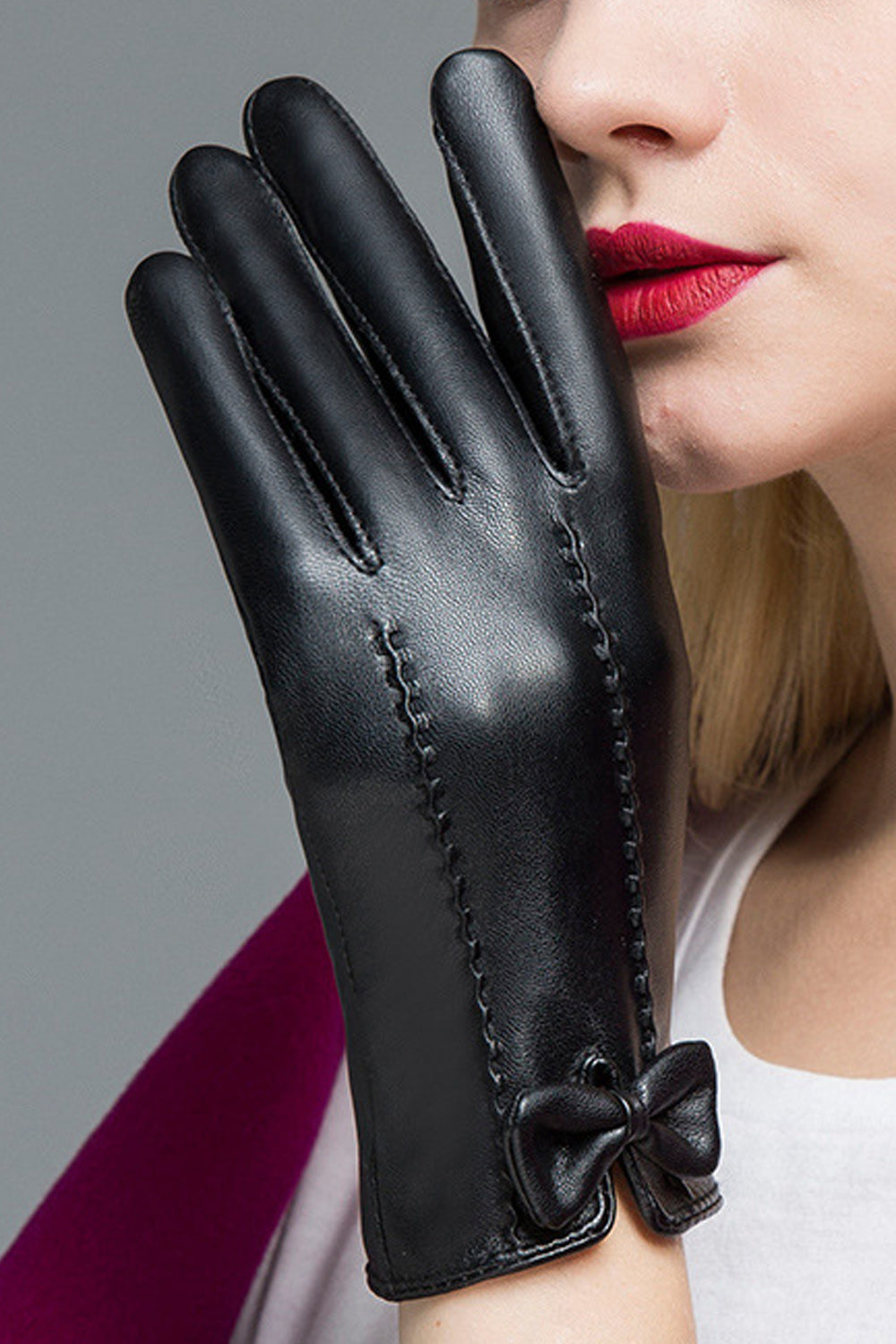 Women Bow Decorated Warm & Thick PU Gloves