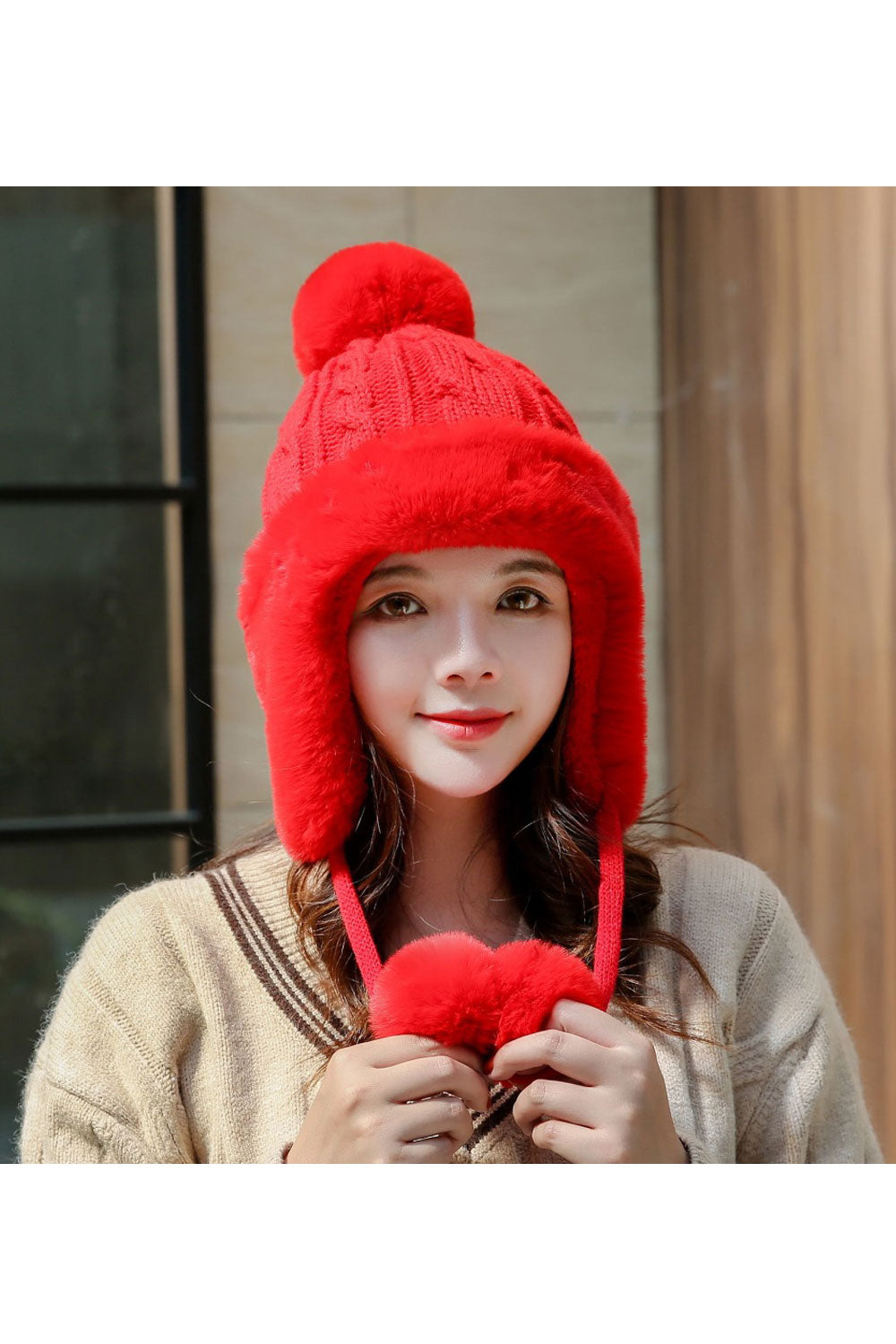 Women Trendy Hairball Strap Warm Knitted Hat