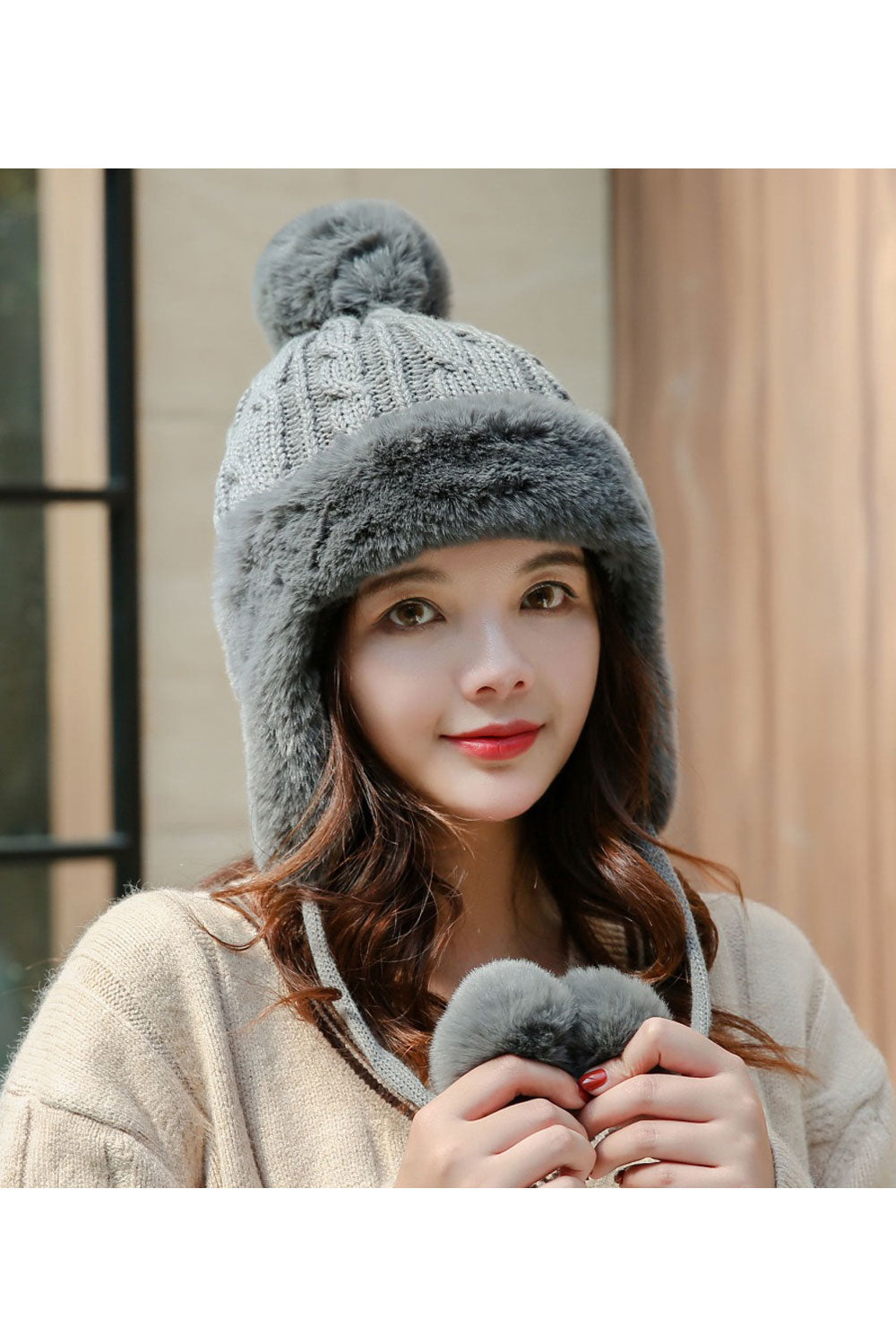 Women Trendy Hairball Strap Warm Knitted Hat