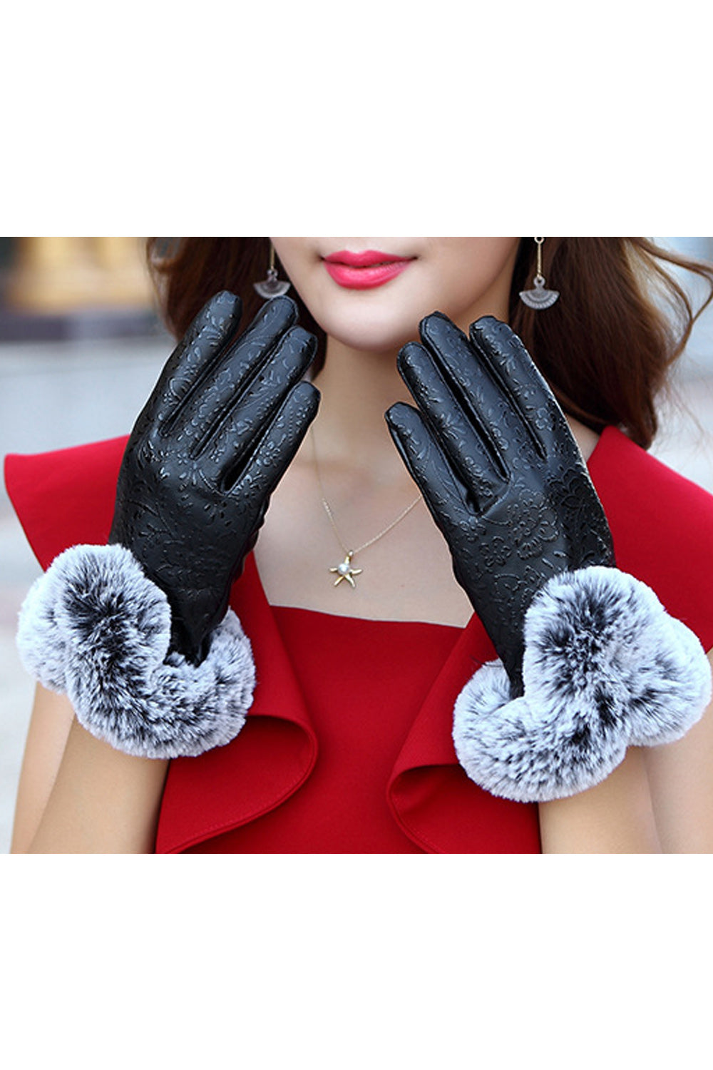 Women Fleece Ball Thick & Warm PU Gloves