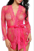 Women Long Sleeve Beautiful Lace Pattern Above Knee Belt Waist See Through Nightwear Lingerie