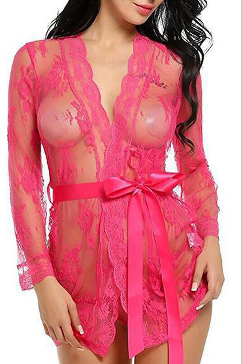 Women Long Sleeve Beautiful Lace Pattern Above Knee Belt Waist See Through Nightwear Lingerie
