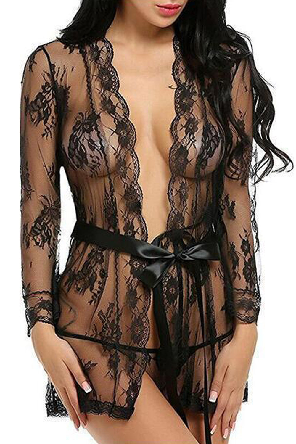 Women Long Sleeve Beautiful Lace Pattern Above Knee Belt Waist See Through Nightwear Lingerie