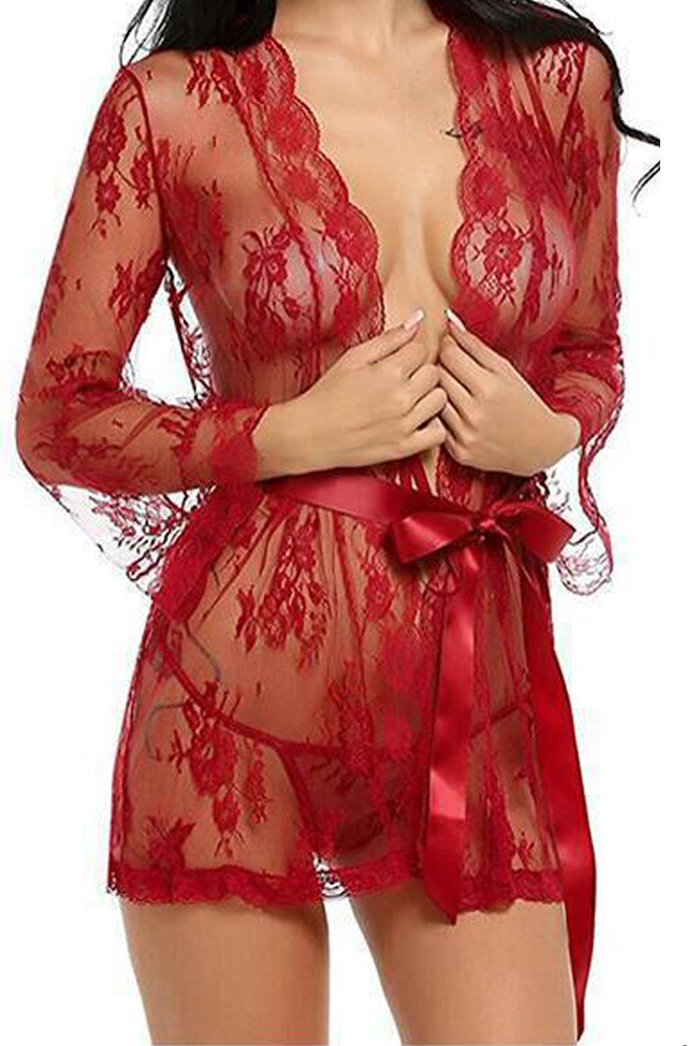 Women Long Sleeve Beautiful Lace Pattern Above Knee Belt Waist See Through Nightwear Lingerie