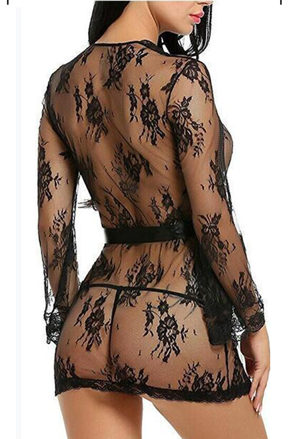 Women Long Sleeve Beautiful Lace Pattern Above Knee Belt Waist See Through Nightwear Lingerie