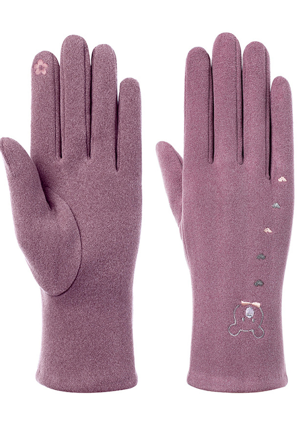 Women Cute Embroidered Pattern Solid Colored Warm Soft Knitted Gloves
