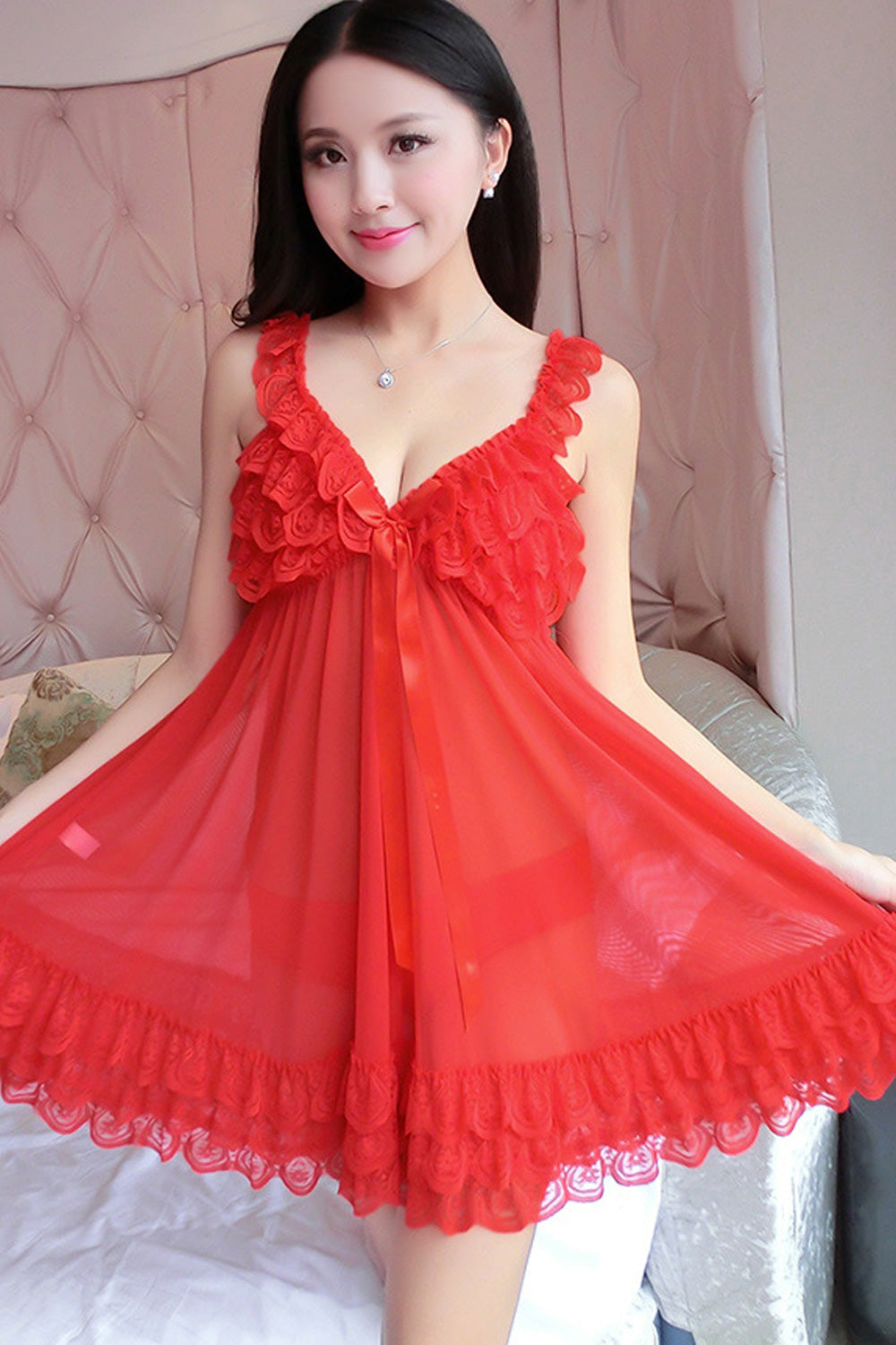 Women Supportive Straped Shoulder Superb Solid Colored Deep V-Neck Restful Nightwear Lingerie
