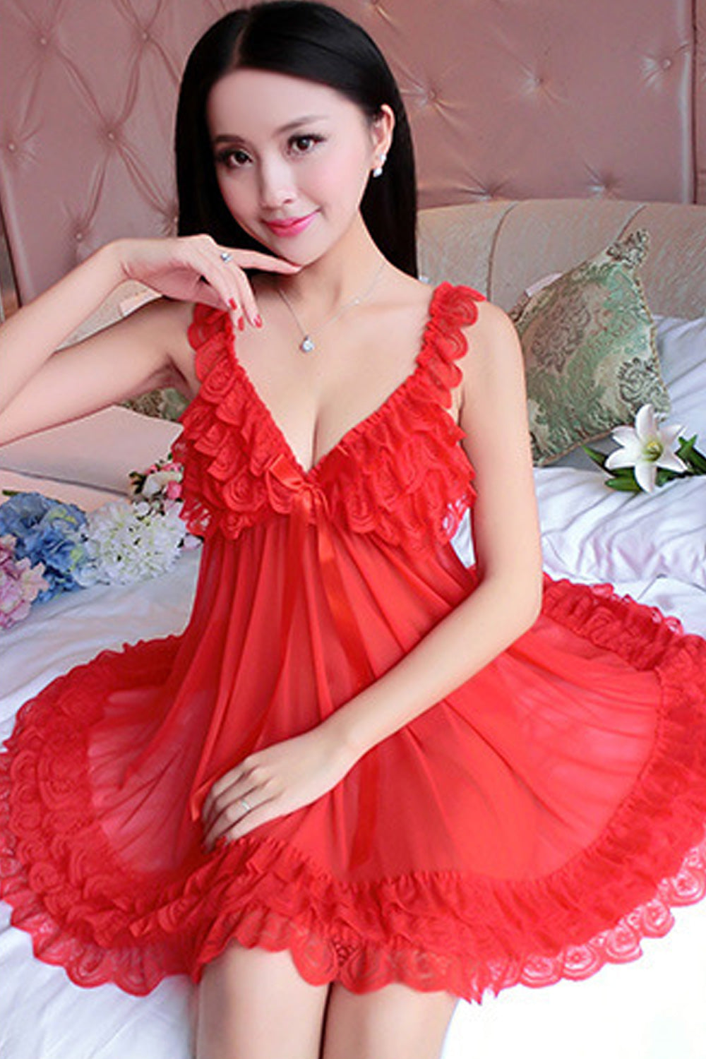 Women Supportive Straped Shoulder Superb Solid Colored Deep V-Neck Restful Nightwear Lingerie