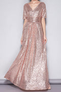 Zumeet Women Sequin Covered Short Sleeve Evening Dress