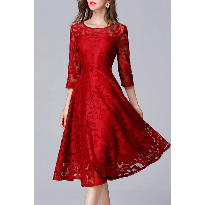 Women Round Neck Slim Waist Fashion Dress