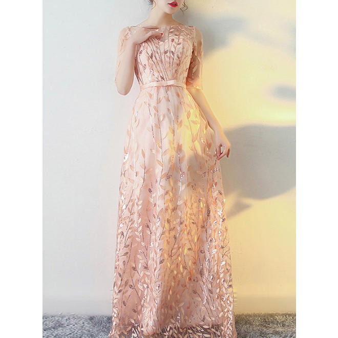 Women Lace Round Neck Long Wedding Dress