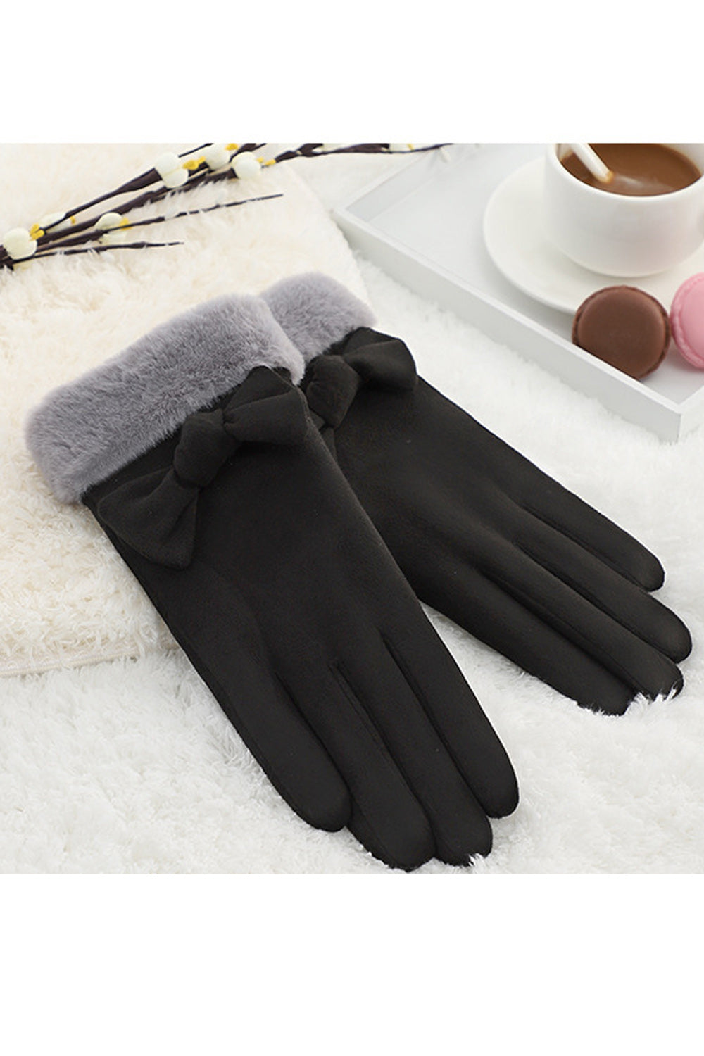 Women Lovely Solid Colored Warm Bow Knotted Knitted Gloves