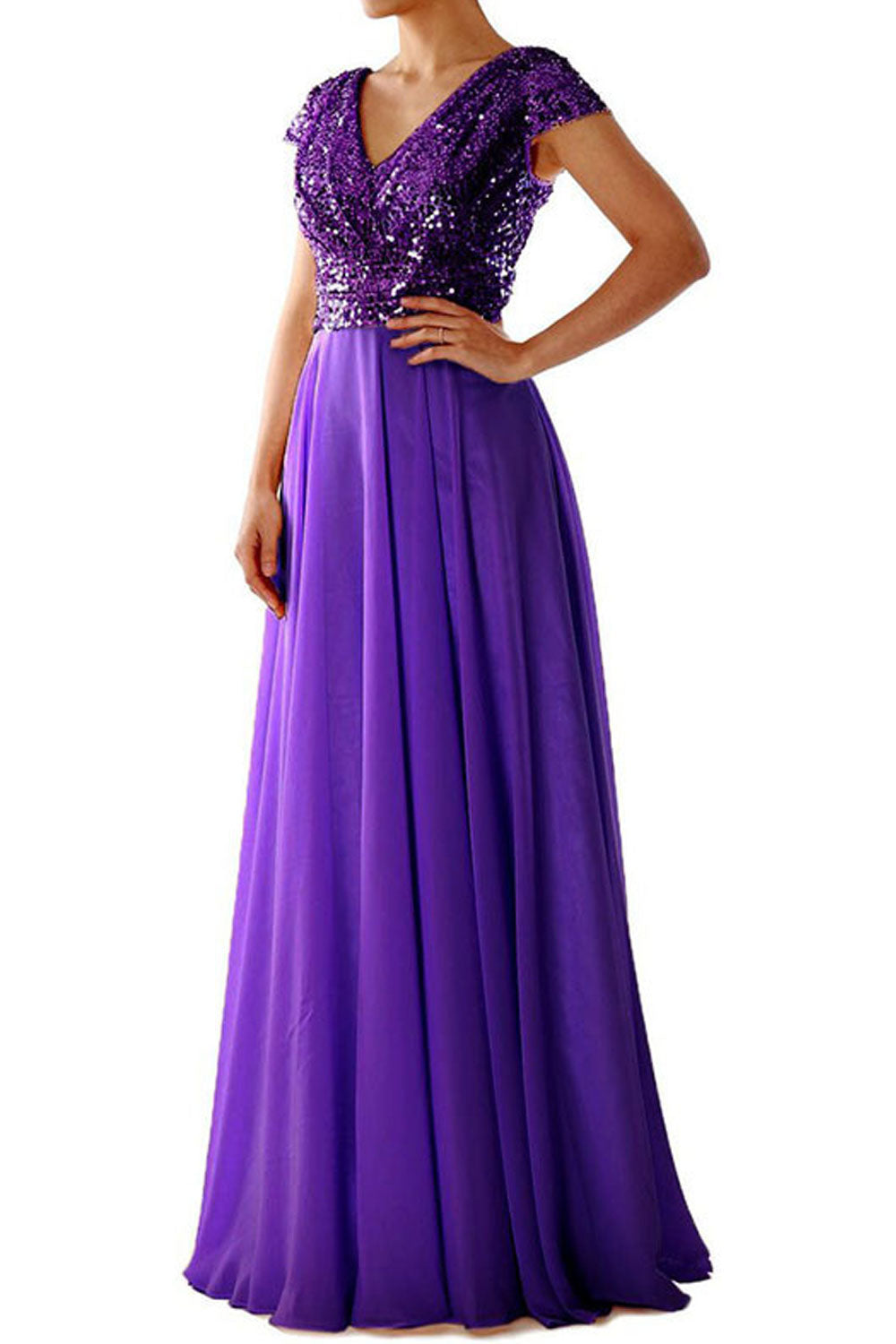 Women V-Neck Pleated Skirt Sequin Party Dress