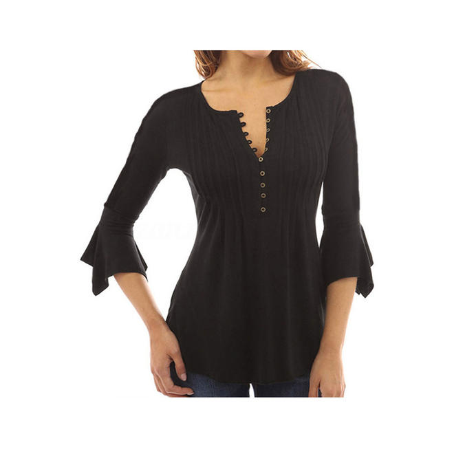 Women Notch Neck Casual Button Down Top