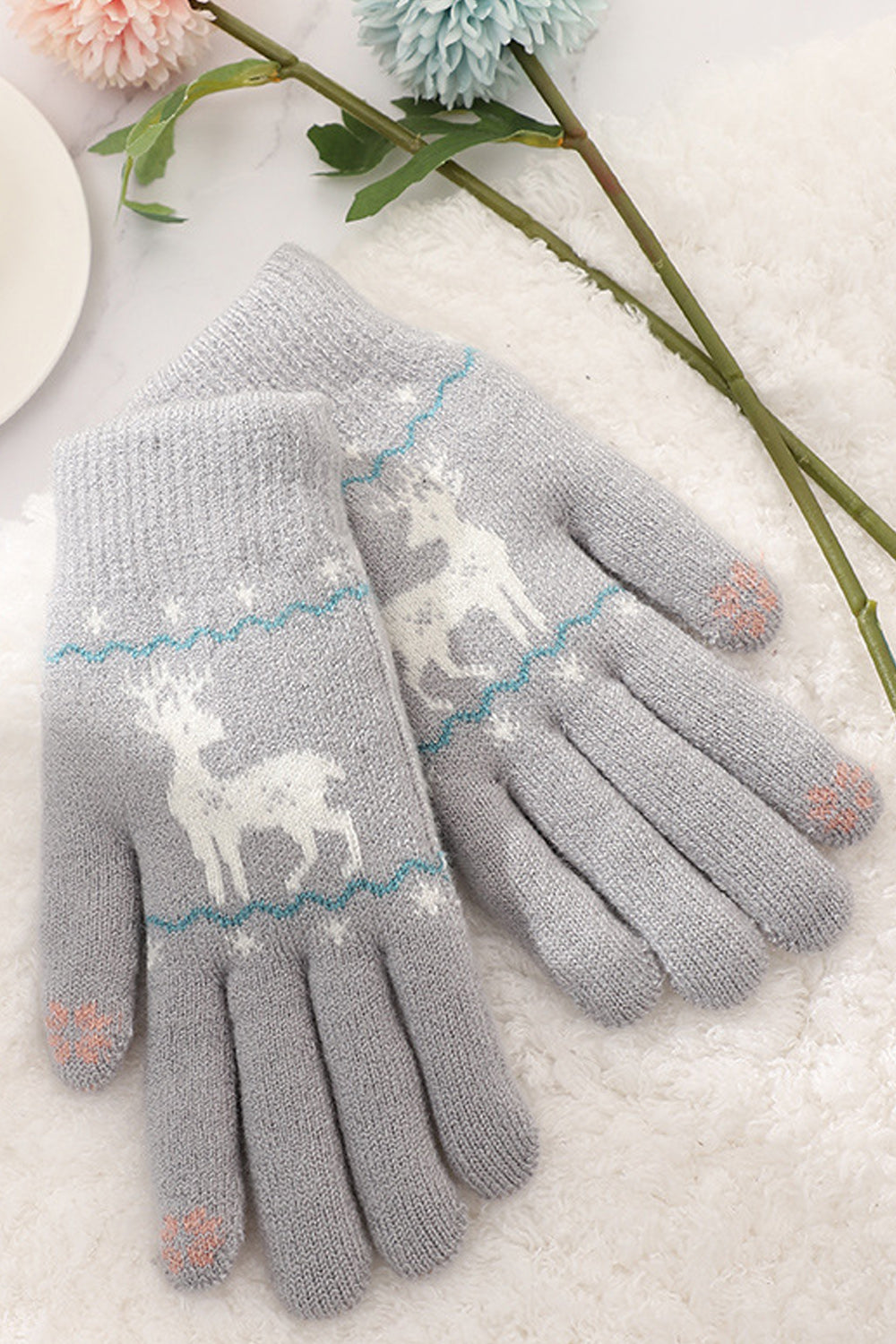 Women Magnificent Deer Printed Thick Cozy Winter Knitted Gloves