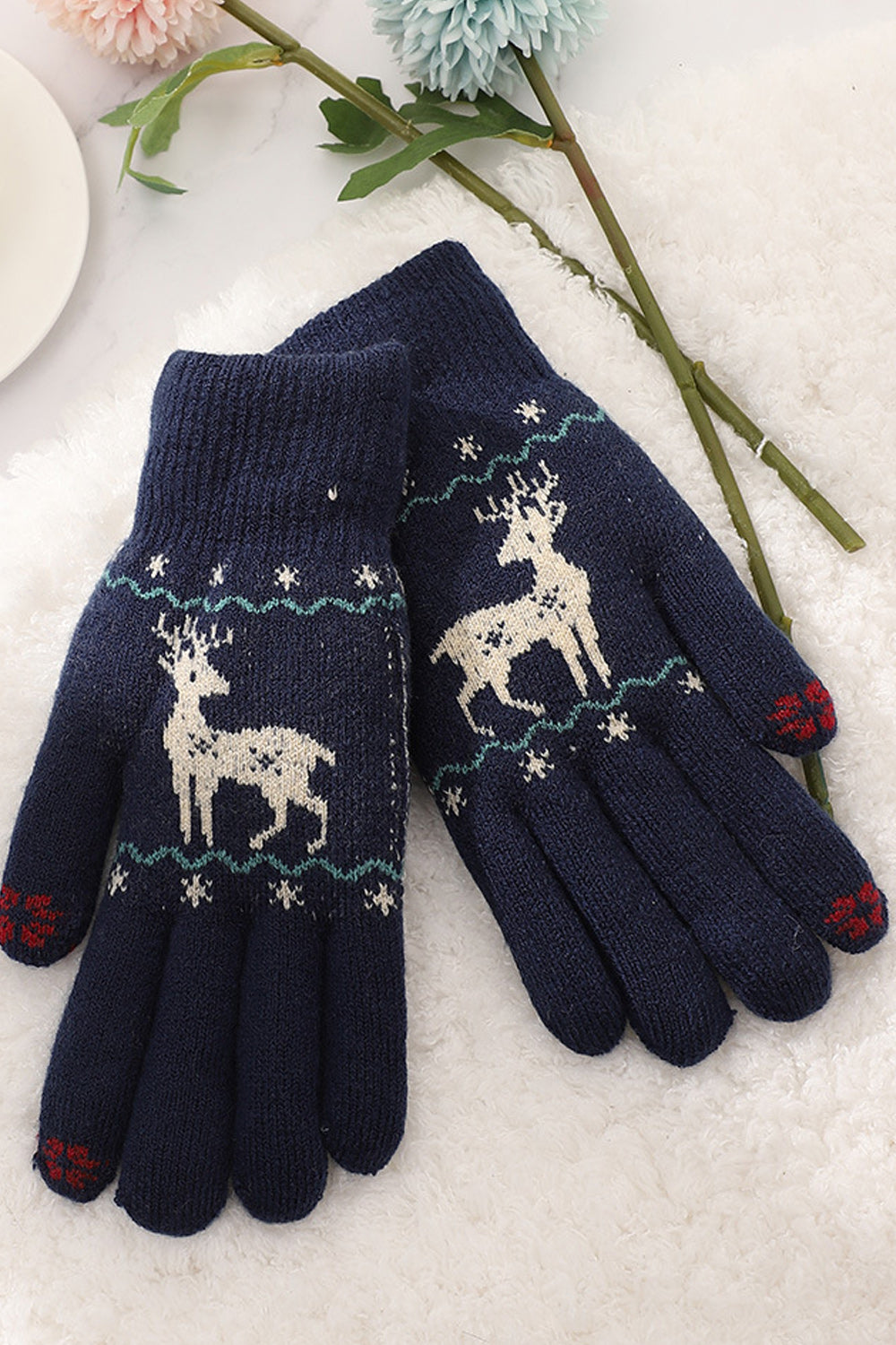 Women Magnificent Deer Printed Thick Cozy Winter Knitted Gloves